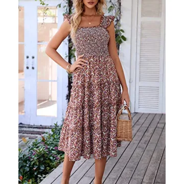 BTFBM Womens Summer Boho Smocked Beach Dresses Sleeveless Shoulder Strap Floral Flowy Tiered Party Midi Casual Sundress(Floral Brown, XX-Large)