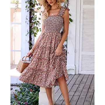 BTFBM Womens Summer Boho Smocked Beach Dresses Sleeveless Shoulder Strap Floral Flowy Tiered Party Midi Casual Sundress(Floral Brown, XX-Large)