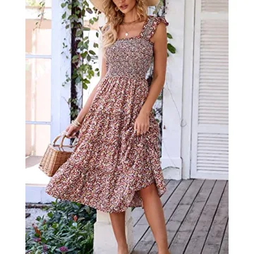 BTFBM Womens Summer Boho Smocked Beach Dresses Sleeveless Shoulder Strap Floral Flowy Tiered Party Midi Casual Sundress(Floral Brown, XX-Large)