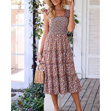 BTFBM Womens Summer Boho Smocked Beach Dresses Sleeveless Shoulder Strap Floral Flowy Tiered Party Midi Casual Sundress(Floral Brown, XX-Large)