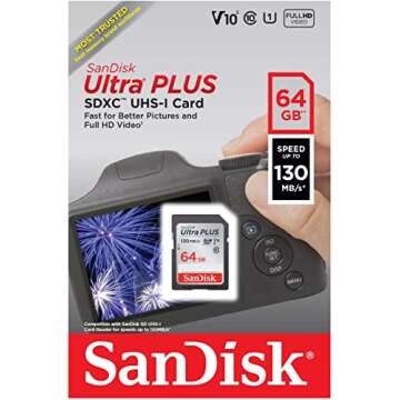 SanDisk Ultra Plus 64GB SD UHS-I Memory Card - 130MB/s, Class 10, Video Speed Class 10 (V10) and UHS...