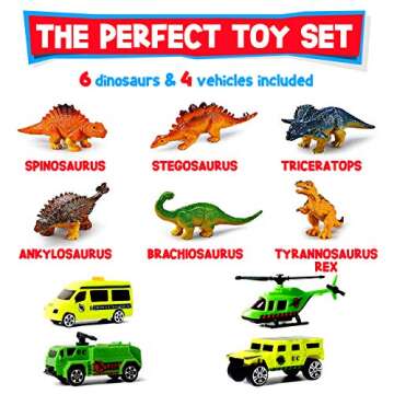 Think N Thrill Dinosaur Toys Storage Carrier for Kids Includes 6 Mini Dinosaurs 3 Toy Cars & Helicop...