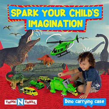 Think N Thrill Dinosaur Toys Storage Carrier for Kids Includes 6 Mini Dinosaurs 3 Toy Cars & Helicopter - #1 Best Fun Playset for Boys & Girls - Great for Children Ages 3+ Years Old (Dinosaur)