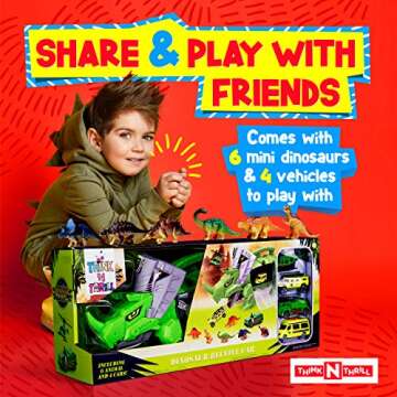 Think N Thrill Dinosaur Toys Storage Carrier for Kids Includes 6 Mini Dinosaurs 3 Toy Cars & Helicopter - #1 Best Fun Playset for Boys & Girls - Great for Children Ages 3+ Years Old (Dinosaur)