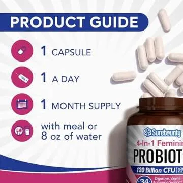 Surebounty Probiotics for Women, 120 Billion CFU 34 Strains, Prebiotics, Digestive Enzymes, Cranberry, 4-in-1 Feminine Probiotic, Digestive, Vaginal, Immune Support, 30ct