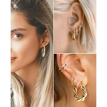 Adoyi Gold Hoop Earrings Set for Women Girls Trendy 14K Plated Gold Hoops Chunky Earrings Twisted Huggie Ear rings Lightweight 7 Pairs Jewelry Set for Valentines Mother's Day Birthday Gifts