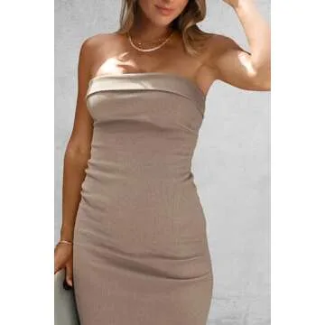 PRETTYGARDEN Women's Summer Bodycon Maxi Tube Dress Ribbed Strapless Side Slit Long Going Out Casual Elegant Party Dresses (Khaki,Small)