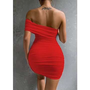 Pofash Women's Sexy One Shoulder Bodycon Mesh Ruched Cocktail Party Mini Dress Red Large