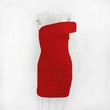 Pofash Women's Sexy One Shoulder Bodycon Mesh Ruched Cocktail Party Mini Dress Red Large