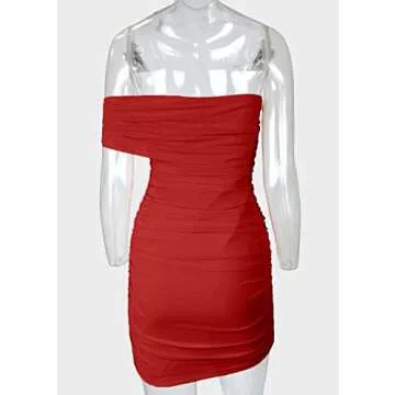 Pofash Women's Sexy One Shoulder Bodycon Mesh Ruched Cocktail Party Mini Dress Red Large