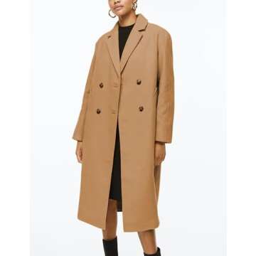 Himosyber Women Wool Blend Pea Coat Camel Notched Collar Double Breasted Outerwear Jacket (Camel-S)