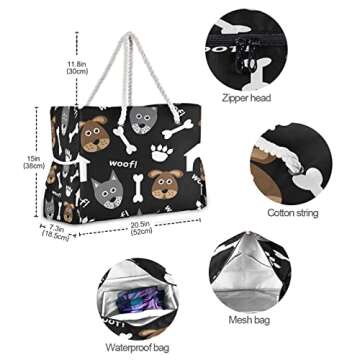 ALAZA Paw Print Wolf Animal Dog Tote Bag Beach Large Bag Rope Handles for Shopping Groceries Travel Outdoors