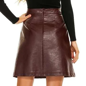 Ginasy High Waisted Faux Leather Skirt - Dressy Casual Maroon A-Line