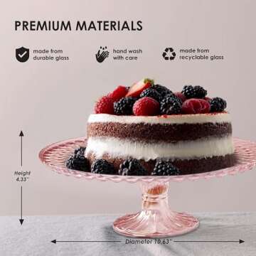 Amici Home Rochester Footed Glass Cake Stand | Round Vintage Style Cake Plate | Serving Platter for Cupcakes, Cookies, Birthday Cake | Dessert Display Stand for Parties, Weddings, and Gift (Pink)