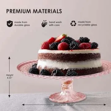 Amici Home Rochester Footed Glass Cake Stand | Round Vintage Style Cake Plate | Serving Platter for Cupcakes, Cookies, Birthday Cake | Dessert Display Stand for Parties, Weddings, and Gift (Pink)