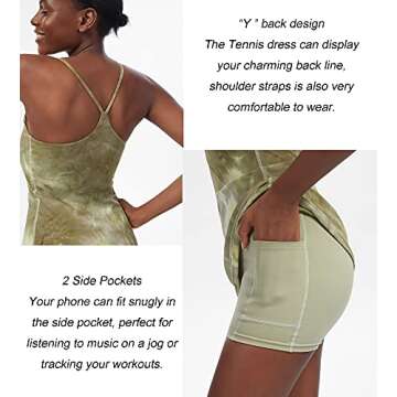 Women's Tennis Dress, Workout Golf Dress Built-in with Bra & Shorts Pocket Sleeveless Athletic Dresses Tie Dye Green