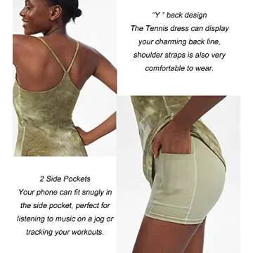 Women's Tennis Dress, Workout Golf Dress Built-in with Bra & Shorts Pocket Sleeveless Athletic Dresses Tie Dye Green