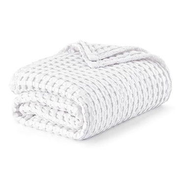Bedsure Cooling Cotton Waffle Queen Size Blanket - Lightweight Breathable Blanket of Rayon Derived from Bamboo for Hot Sleepers, Luxury Throws for Bed, Couch and Sofa, White, 90x90 Inches
