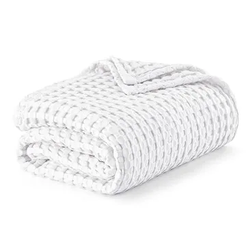 Bedsure Cooling Cotton Waffle Queen Size Blanket - Lightweight Breathable Blanket of Rayon Derived from Bamboo for Hot Sleepers, Luxury Throws for Bed, Couch and Sofa, White, 90x90 Inches