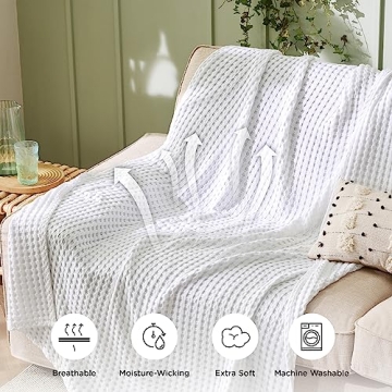 Bedsure Cooling Cotton Waffle Queen Size Blanket - Lightweight Breathable Blanket of Rayon Derived from Bamboo for Hot Sleepers, Luxury Throws for Bed, Couch and Sofa, White, 90x90 Inches