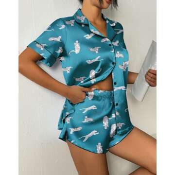 Ekouaer Women's Silk Satin Pajama Set - Floral Leopard Short Sleeve Sleepwear