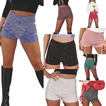 Nyapruwe Women Sparkly Rhinestones Mini Shorts Sexy Glitter Sequins High Waist Biker Shorts Party Clubwear Bottoms Streetwear (Gray, M)