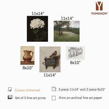 Vintage Farmhouse Wall Decor 11x14 Set 5 - Flower Bird Neutral Wall Art - Boho French Country Kitche...