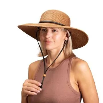 Sloggers Women's Wide Brim Braided Sun Hat with Wind Lanyard - UPF 50+ Maximum Sun Protection Dark Brown