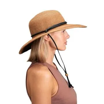 Sloggers Women's Wide Brim Braided Sun Hat with Wind Lanyard - UPF 50+ Maximum Sun Protection Dark Brown