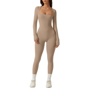 QINSEN Women's Square Neck Bodycon Jumpsuit Rompers for Party Club Night Out Cocoa Cream M