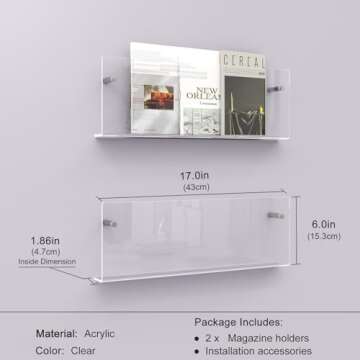 DOHWSK Acrylic Magazine Holder, 2 Pack Hanging Bookshelf Magazine Rack, Wall Mounted Floating Brochu...