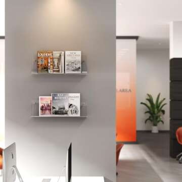 DOHWSK Acrylic Magazine Holder, 2 Pack Hanging Bookshelf Magazine Rack, Wall Mounted Floating Brochure Display for Waiting Room, Office, Home (Clear, 17 Inch)