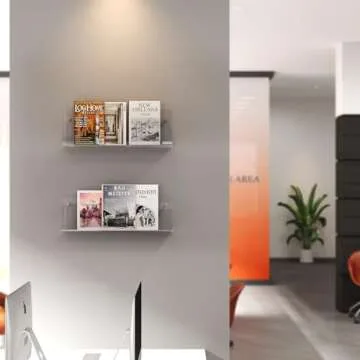 DOHWSK Acrylic Magazine Holder, 2 Pack Hanging Bookshelf Magazine Rack, Wall Mounted Floating Brochure Display for Waiting Room, Office, Home (Clear, 17 Inch)