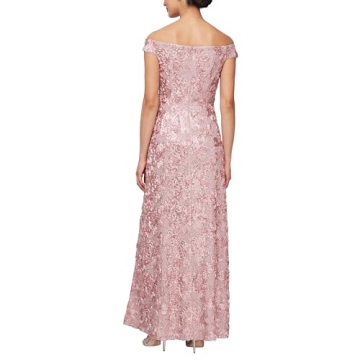Alex Evenings Women's Long Rosette Off The Shoulder A-Line Dress, Rose