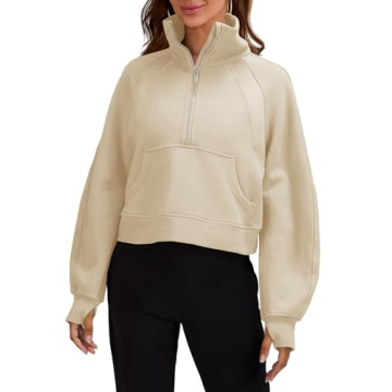 Women’s Sweatshirts Half Zipper Crop Pullover Funnel Neck Fleece Lined Zip Up Long Sleeve Tops Thu...