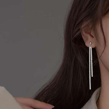 SLUYNZ Sterling Silver Crystal Rhinestone Linear Drop Earrings for Women Teens CZ Long Dangle Earrin...