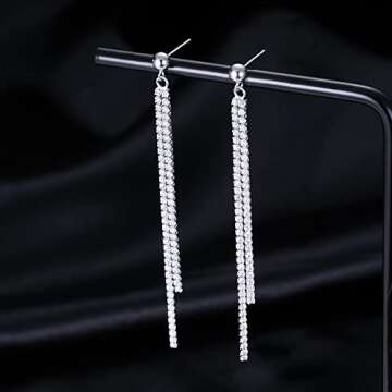 SLUYNZ Sterling Silver Crystal Rhinestone Linear Drop Earrings for Women Teens CZ Long Dangle Earrings Tassel Chain Studs (B-Silver-6.3cm)