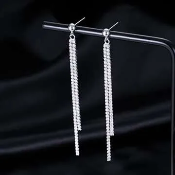 SLUYNZ Sterling Silver Crystal Rhinestone Linear Drop Earrings for Women Teens CZ Long Dangle Earrings Tassel Chain Studs (B-Silver-6.3cm)
