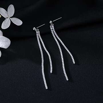 SLUYNZ Sterling Silver Crystal Rhinestone Linear Drop Earrings for Women Teens CZ Long Dangle Earrings Tassel Chain Studs (B-Silver-6.3cm)