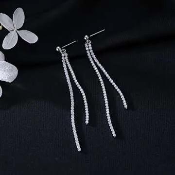 SLUYNZ Sterling Silver Crystal Rhinestone Linear Drop Earrings for Women Teens CZ Long Dangle Earrings Tassel Chain Studs (B-Silver-6.3cm)