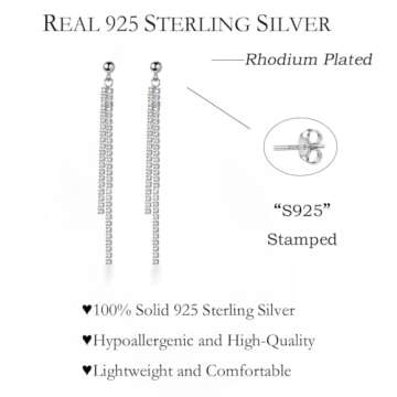 SLUYNZ Sterling Silver Crystal Rhinestone Linear Drop Earrings for Women Teens CZ Long Dangle Earrings Tassel Chain Studs (B-Silver-6.3cm)
