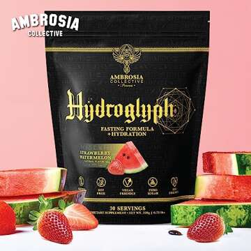 Ambrosia Hydroglyph Intraworkout Formula w/BCAA + EAA + Electrolytes Hydration Powder to Protect Lean Muscle, 0g Sugar Fasting Hydration Drink Mix, Made w/Coconut Water (Strawberry Watermelon)