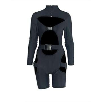 VWIWV Women Long Sleeves Jumpsuit Bodycon Buckle Romper Sexy Hollowing Out Bodysuit Short Jumpsuit Pants (X-Small(fits Like US 2-4), Black)