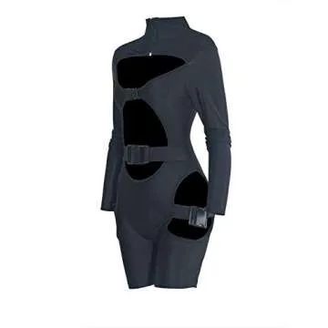 VWIWV Women Long Sleeves Jumpsuit Bodycon Buckle Romper Sexy Hollowing Out Bodysuit Short Jumpsuit Pants (X-Small(fits Like US 2-4), Black)