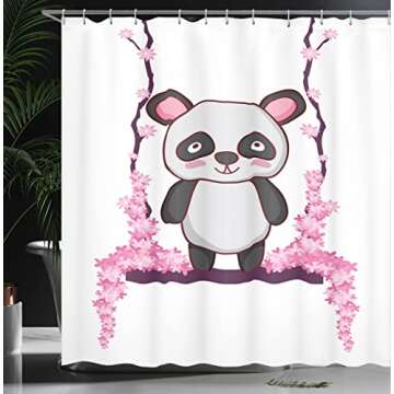 Lunarable Panda Shower Curtain, Asian Bear on Flowers Hammock with Pink Toned Flowers Cartoon, Cloth Fabric Bathroom Decor Set with Hooks, 69" W x 75" L, Pink Pale Pink Dark Grey and White