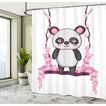 Lunarable Panda Shower Curtain, Asian Bear on Flowers Hammock with Pink Toned Flowers Cartoon, Cloth Fabric Bathroom Decor Set with Hooks, 69" W x 75" L, Pink Pale Pink Dark Grey and White