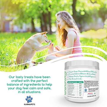 KarmaPets Calming Treats for Dogs - Anxiety Relief | Organic Vegan Dog Supplement | Soft Chews w/Valerian Root for Separation, Thunder Storms, Stress, Fear, Travel, Barking+