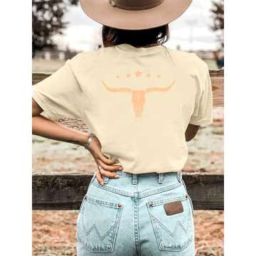 Anbech Women Western Cowgirls Graphic Tees Cow Skull Print Tshirts Short Sleeve Tops (Beige, M)