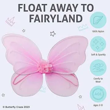 Butterfly Craze Girls' Fairy, Angel, or Butterfly Wings Costumes & Dress Up Collection: Set of 6, Magical Delights, Favors or Supplies for Kids, Make Your Little One's Birthday Party Special, Pink