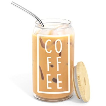 Stylish 16 oz Iced Coffee Cup with Bamboo Lid and Straw | Eco-Friendly Glass Tumbler
